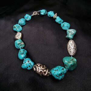Chunky Turquoise & Silver Beaded Necklace With Toggle Clasp